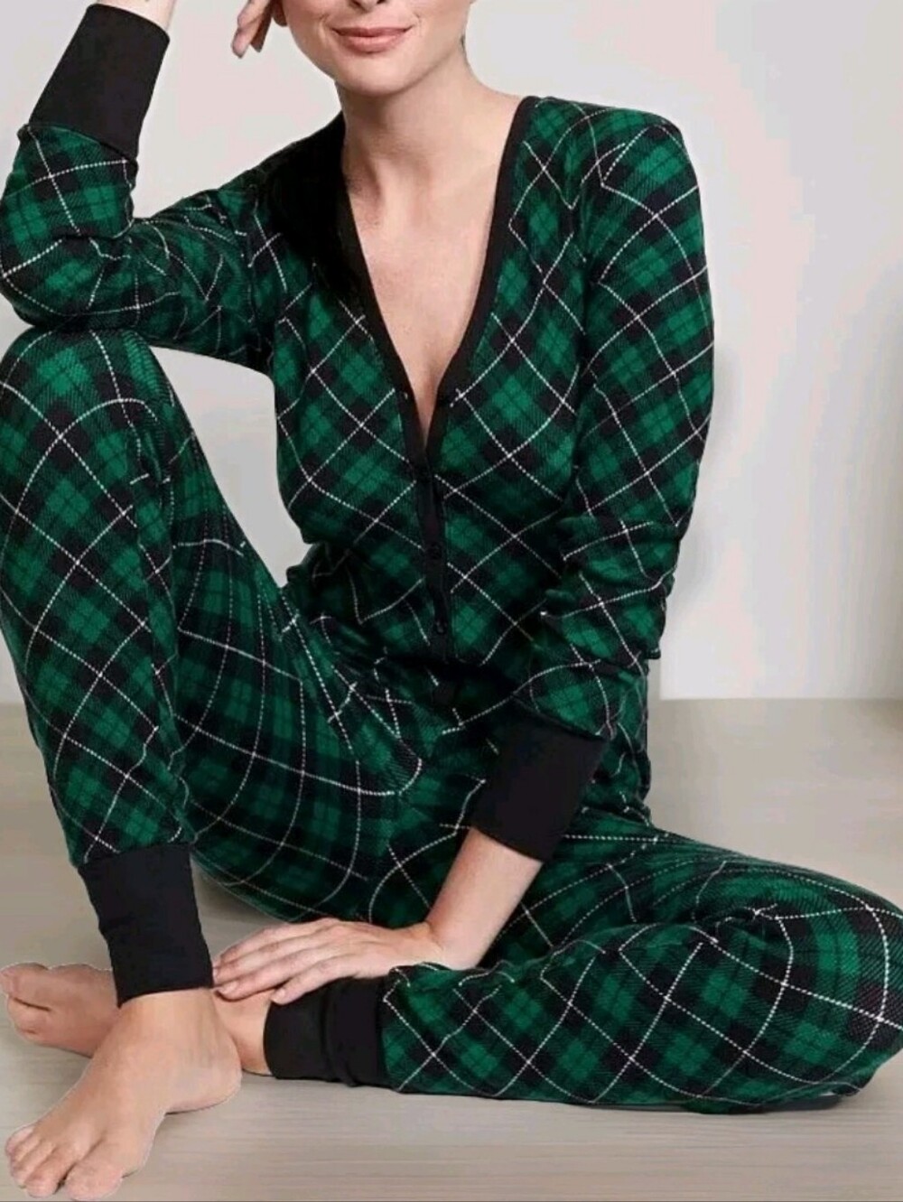 NWT Rare Victoria's Secret Green Check Thermal 1 Piece Pajama Pants Romper XL